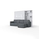 Invento Schrankbett mit Sofa Klappbett Aufklappbett mit Ecksofa - 160 x 200 cm - Weiß/Weiß Glanz- Für Gästezimmer Wohnzimmer Schlafzimmer