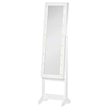 HOMCOM LED Schmuckschrank mit Spiegel Spiegelschrank Standspiegel Schmuckregal Spiegel verstellbar Cremeweiß 136 cm hoch