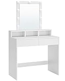 VASAGLE Schminktisch mit LED-Beleuchtung, einstellbare Helligkeit, Frisiertisch mit Spiegel, Kosmetiktisch mit 2 Schubladen und 3 offenen Fächern, Frisierkommode, modern, weiß RDT114W01