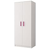 Polini Home Kinderkleiderschrank 2-türig 80x193x50cm Kleiderschrank für Kinderzimmer Juniorzimmer Jugendzimmer Weiß mit rosa Griffen Colour Serie