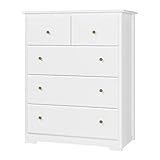 HOCSOK Kommode Weiß, Kommode mit 5 Schubladen, Sideboard Weiss mit viel Stauraum, Schubladenschrank für Wohnzimmer, Schlafzimmer, Flur, 74 x 40 x 94 cm, Creme Weiß