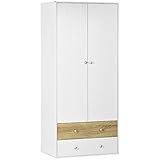 HOMCOM Kleiderschrank, Drehtürenschrank mit 2 Schubladen, Schrank mit Türen, Garderobenständer mit Kippschutz für Wohnzimmer, Schlafzimmer, Weiß, 80 x 50 x 180cm