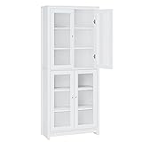 FOREHILL 190 cm Vitrinenschrank, Bücherschrank mit 4 Türen 6 Fächern, Hochschrank, Schrank für Wohnzimmer Küche Esszimmer Büro, weiß