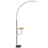 MUZIZY LED-Bogen-Stehlampe mit Holzablage, moderne, minimalistische Steh-Klavierlampe, 21 W, dimmbar, mit Fernbedienung, Nachttischlampen für Schlafzimmer, Arbeitszimmer Happy Many Times