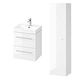 KOLMAN Badezimmer Badmöbel Set Larga Weiß 50cm Waschtischunterschrank Keramik, Silber Möbelgriffe & Hochhängeschrank 160cm mit Türen und Spiegel