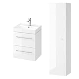 BADLAND Badmöbel Komplett-Set Larga 50 Weiß Waschbecken-Unterschrank 50cm mit Hochschrank 160cm, Keramikwaschbecken, Badezimmermöbel 2-Schubladen, Silber Möbelgriffe, Hochhängeschrank, Tür mit Spiegel