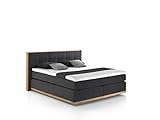 Mivano Levana Boxspringbett mit Sockel aus Eiche, 7-Zonen-Federkern, Matratzen H2/H3 + Topper Premium, Chenille, Schwarz, Liegefläche 180 x 200 cm