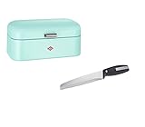 WESCO Set aus 1x Grandy Brotkasten in der Farbe Mint aus hochwertigem Stahlblech pulverbeschichtet und 1x Brotmesser mit Edelstahlklinge im Wellenschliff