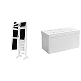 SONGMICS Schmuckschrank und Standspiegel zwei in einem, weiß, 35,5 x 153 x 35 cm & Sitzhocker Sitzbank mit Stauraum faltbar 2-Sitzer belastbar bis 300 kg Kunstleder, weiß, 76 x 38 x 38 cm, LSF106