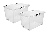 Aufbewahrungsbox 52L mit Deckel, Rollen und Clipverschluss 60x40xH35cm Kunststoffbox Stapelbox Spielzeugkiste Lager Regal Box transparent stapelbar Stapelboxen für Kleidung Spielzeug Deko Aufbewahrung