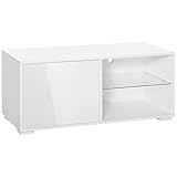 HOMCOM TV Schrank, TV-Kommode mit Schubladen und offenen Regalen, Fernsehschrank, Fernsehtisch, Glas, Weiß, 100 x 40 x 45 cm