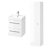 KOLMAN Badezimmer Badmöbel Set Larga Weiß 50cm Waschtischunterschrank Keramik, Schwarz Möbelgriffe & Hochhängeschrank 160cm mit Türen und Spiegel
