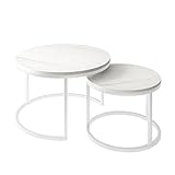 lukmebel Ciri Runder 2in1 Couchtisch – Set aus Zwei Teilen – Satztische Wohnzimmer – 70x48x70/80 cm & 50x42x50/60 cm – Levanto-Marmorplatten auf weißem Metallsockel