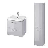 KOLMAN Badezimmer Badmöbel Set Lara Como Grau 50cm Waschtischunterschrank Keramik & Hochhängeschrank 150cm mit 2-Türen