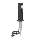 ledscom.de Garten-Steckdosen-Säule Polly mit Erdspieß und 2m Kabel für außen, 3-Fach mit Timer/Zeitschaltuhr, Edelstahl, eckig, schwarz, 38cm