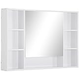 kleankin Badezimmer Spiegelschrank Wandschrank Badezimmerspiegel Soft-Close-Funktion Badmöbel Mehrzweckschrank mit 7 offenen Ablagen MDF+Glas Weiß 100 x 15 x 70 cm