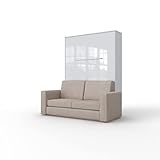 INVENTO Schrankbett mit Sofa - Beige - Aufklappbett mit dimmbare LED-Beleuchtung - 140 x 200 cm - Nachhaltige Materiellen - Klappbett für Gästezimmer - Wohnzimmer (Weiß/Weiß Matt)