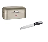 Wesco Set aus 1x Grandy Brotkasten in der Farbe Neusilber aus hochwertigem Stahlblech pulverbeschichtet und 1x Brotmesser mit Edelstahlklinge im Wellenschliff