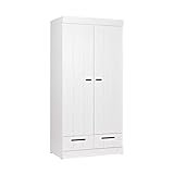 WOOOD Connect Kleiderschrank Weiß - 2 Türiger Garderobenschrank aus Kiefer und Melamin Schublade Drehtürenschrank Connect-Schrankwand 195x94x53 cm