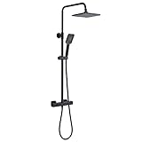 Solepearl Schwarz Duschsystem mit Thermostat 38℃, Regendusche mit Thermostat Duscharmatur, Duschamaturenset Inkl 21 cm Kopfbrause, 3 Funktionen Handbrause, Edelstahl Verstellbarer Duschstange