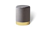LIFA LIVING Runder Samt Pouf in grau Ø 30 cm, Zylinderförmiger Samthocker mit goldenem Detail, Fußhocker aus Samt in grau, Sitzhocker mausgrau