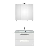 Lomadox Waschplatz Set Badezimmer mit Waschtisch 77 cm Glaswaschbecken Spiegelschrank in weiß Glanz, B/H/T: ca. 77/200/50 cm