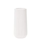 Vase Keramik mit Rillen Weiß Blumenvase Modern Vasen Deko für Trockenblumen, Büro und Esstisch 23 cm Hoch,A