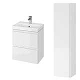 KOLMAN Badezimmer Badmöbel Set Moduo Slim Weiß 50cm Waschtischunterschrank Keramik & Hochhängeschrank 160cm mit 2-Türen und Spiegel