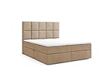 Labett Boxspringbett 160x200 - Polsterbett mit Bettkasten – Doppelbett mit Multipocket-Matratze H4 und Topper - Stauraumbett mit Zwei Kammern – Porto – Casablanca Hellbraun