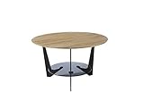 Robas Lund Couchtisch rund Eiche Massivholz, Wohnzimmertisch mit Glasablage grau, BxHxT 70x40x70 cm