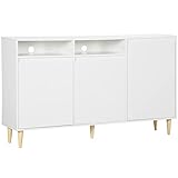 HOMCOM Küchenschrank Sideboard mit 3 Schränken und 2 Regalen Küchen Kommode Aufbewahrungsschrank mit Kabelführungslöcher Küchenmöbel Spanplatte Kiefernholz Weiß 150 x 35 x 90 cm