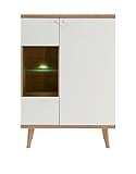 Vitrine weiß und Eiche Riviera Vitrinenschrank Wohnzimmerschrank skandinavisches Design 50 x 197 cm Helge (Highboard/Vitrine mit LED)