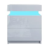 Hochglanz Nachttisch mit RGB Led Licht 2 Schubladen Nachtschrank Holz Beistelltisch Organizer Einheit für Schlafzimmer Wohnzimmer - Weiß