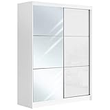 MKS MEBLE Kleiderschrank mit Spiegel 160 cm - Schwebetürenschrank Flurschrank Wardrobe - Schlafzimmerschrank Sammlung Valencia - Weiß-Weiß mit Spiegel - Modern Design