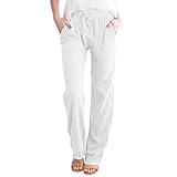 PTLLEND Sommer Hose Damen Locker Damen-Hosen mit hoher Taille und weitem Bein, modische elastische Hose mit Kordelzug, Bequeme Lange Hose mit geradem Bein und Taschen Pyjama Damen Kurzarm Lange Hose