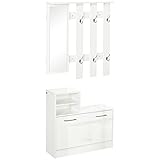 HOMCOM 2tlg. Garderobenset, 3 in 1 Flurgarderobe mit Schuhschrank, Sitzfläche, Spiegel, Komplettgarderobe-Set, Wandgarderobe mit 6 Haken für Diele, Flur, Hochglanzweiß