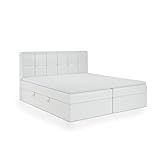 FEDVE Boxspringbett 180x200 Weiß Öko-Leder – Mokpo – Praktisches Bett mit Bettkasten – Gemütlich Kopfteil Bett mit Matratze für Viele Jahr - Stabiles Doppelbett mit Stauraum zum Schlafzimmer