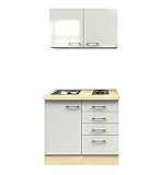 NJDT Singleküche 100 cm Miniküche Mit Spüle Doppel-kochplatte Mini Küchenzeile Weiss