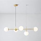 NAMUlA Moderne Pendelleuchte für Decke, Kücheninsel, Esstisch, Hängelampe, industrielle Vintage-Pendelleuchte, weißer Glaskugel-Lampenschirm, Messing-Decken-Hängelampe, goldfarben, höhenverstellbar