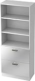 bümö® Office Regalschrank in Weiß/Silber mit Hängeregistratur & Streifengriffen