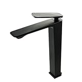 SOLVEX Hoch Schwarz Wasserhahn Bad, Modern Messing Wasserfall Waschtischarmatur,Heißem und Kaltem Einstellbarer，Wasserhahn hoch fürs Bad–extra hohe Armatur für Aufsetzwaschbecken,DE-SP-12008-N