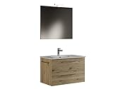 Mama Store ERA 80-Badezimmerschrank hängend 80 cm Eiche Natur mit Waschbecken, Spiegel und LED-Lampe, B, Holz, Quercia Naturale, L. 81 X P. 47 X H. 53 cm