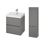 KOLMAN Badezimmer Badmöbel Set Crea Grau Matt 50cm Waschtischunterschrank Keramik & Hochhängeschrank 140cm mit 2-Türen