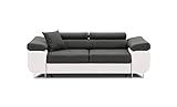 BETTSO -Sofa mit Schlaffunktion und Bettkasten 2 Verstellbare Kopfstützen 2er Schlafsofa Couch Schlafcouch Wohnzimmermöbel Wohnlandschaft-Venus (Dunkelgrau+Weiß (LUX06+Soft 17))