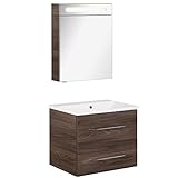 FACKELMANN Badmöbel Set B.Clever 2-TLG. 60 cm braun mit Waschtisch Unterschrank inkl. Gussmarmorbecken & LED Spiegelschrank
