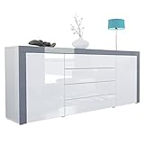 Vladon Sideboard Kommode La Paz, Korpus in Weiß Hochglanz/Front in Weiß Hochglanz mit Rahmen in Grau Hochglanz