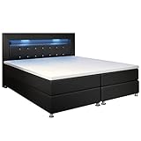 Juskys Boxspringbett Montana 180 x 200 cm schwarz — Komplett Set mit Matratze und Topper — LED-Licht im Kopfteil — Bett aus Kunstleder und Holz - modern