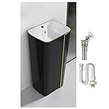 WKZ Standwaschbecken Klein Gaste Wc Moderne Schwarze Keramik，Rechteck Waschbecken Armaturen，Saulenwaschbecken Mit Sockel Und Wasserhahn Einzelloch 850mm*350mm*450mm(Color:Standwaschbecken A+Abfluss)