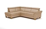 CAVADORE Leder-Schlafcouch Ammerland mit Ottomane / Landhaus-Sofa mit Federkern, Bett, Bettkasten + Kopfteilverstellung / 245 x 84 x 194 / Leder Beige