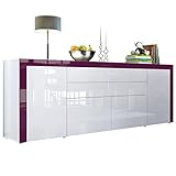 Vladon Sideboard La Paz V2, Kommode mit 2 Türen, 2 Schubkästen und 2 Klappen, Weiß Hochglanz/Weiß Hochglanz/Brombeer Hochglanz (200 x 72 x 35 cm)